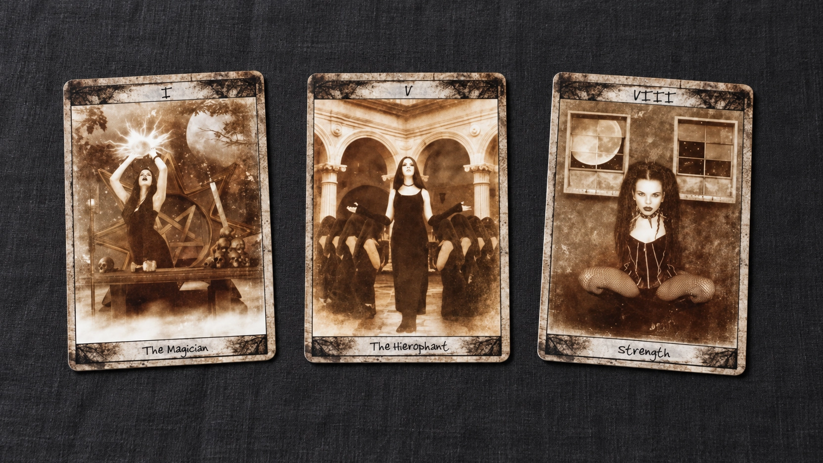 AI-generated editorial scene of the verified Magician, Hierophant and Strength samples from Corneal Edema Tarot Deck by John R. Dybowski; not product photography