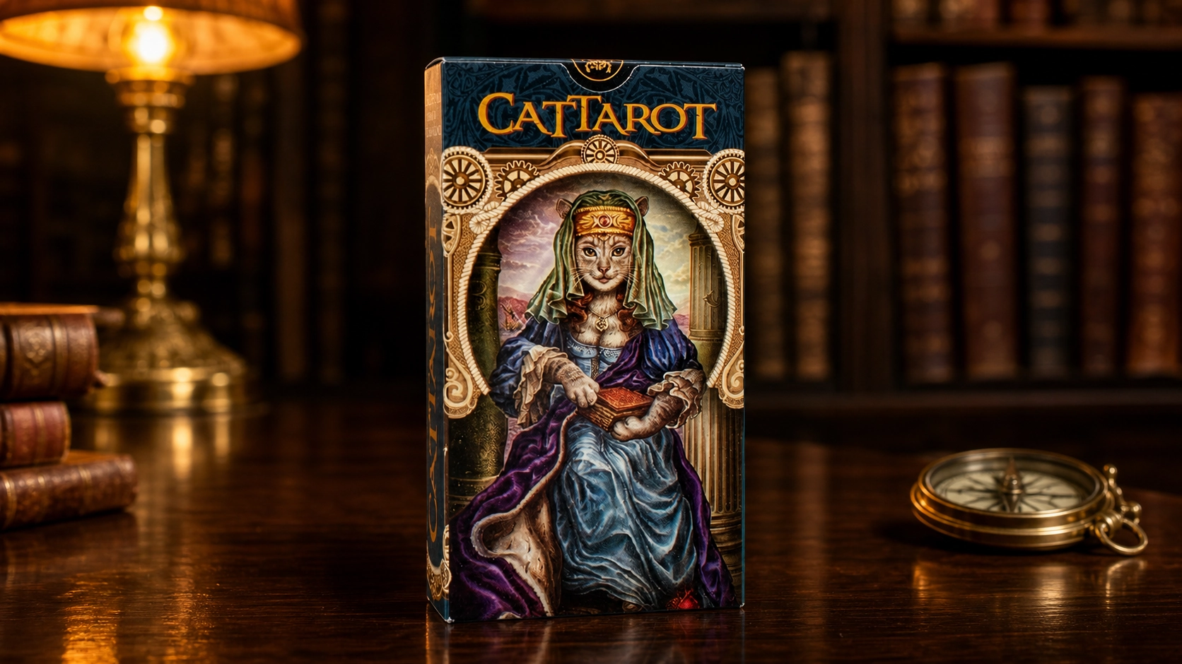 CatTarot deck box in a warmly lit library setting