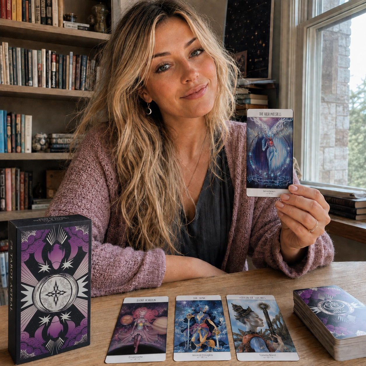 Aurica presenting The High Priestess from 78 Tarot Astral beside the deck box, a three-card spread, and stacked deck