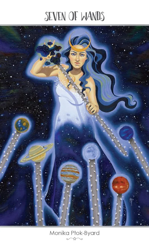 Seven of Wands card from the 78 Tarot Astral deck
