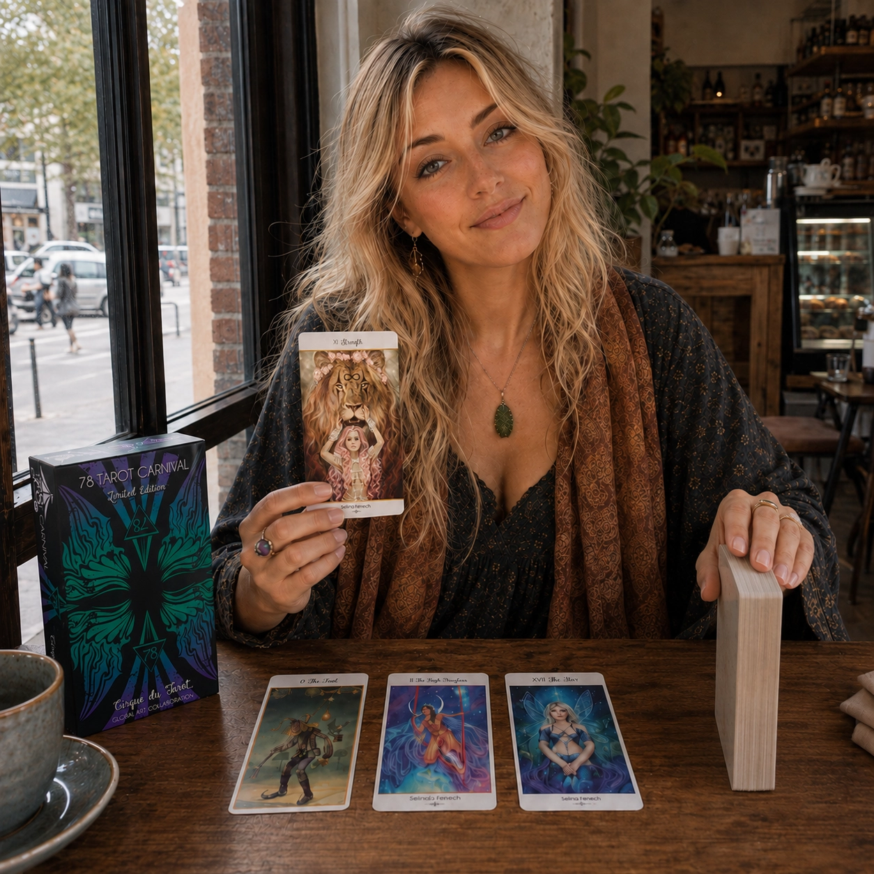78 Tarot Carnival with Aurica from Tarotfans.com Aurica presenting Strength while reading with the 78 Tarot Carnival deck box, three-card spread, and stacked deck