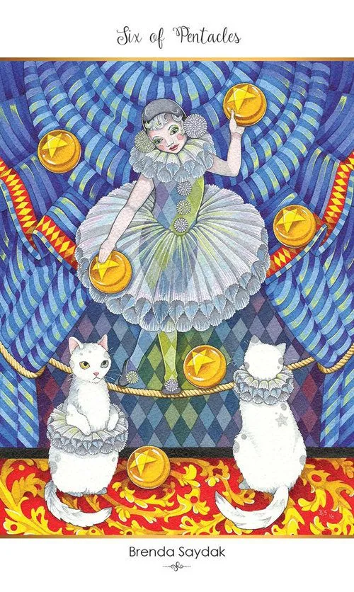 Six of Pentacles card from the 78 Tarot Carnival deck