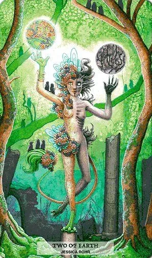 Two of Pentacles card from the 78 Tarot Ecological deck