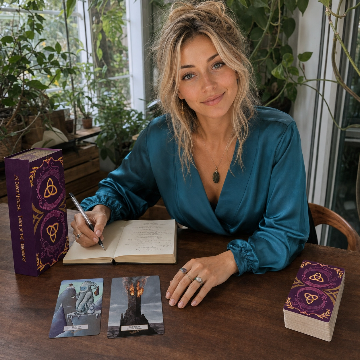 Aurica journaling with 78 Tarot Mythical beside its exact-edition box, The Fool, The Tower, and the stacked deck