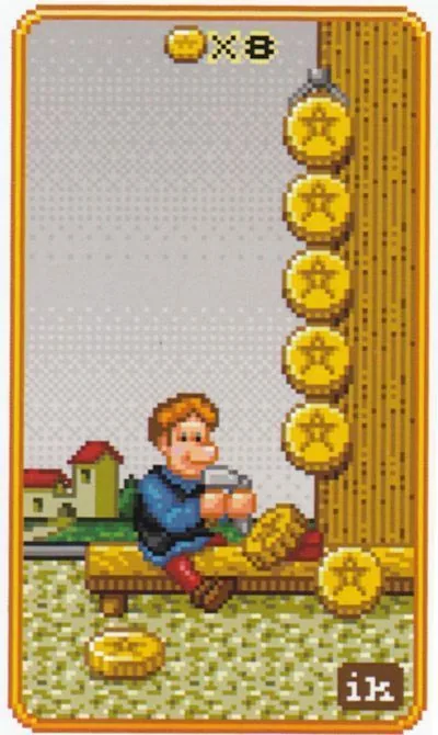SUPER 8-Bit Tarot Review 8 8 of Coins card from the SUPER 8-Bit Tarot deck