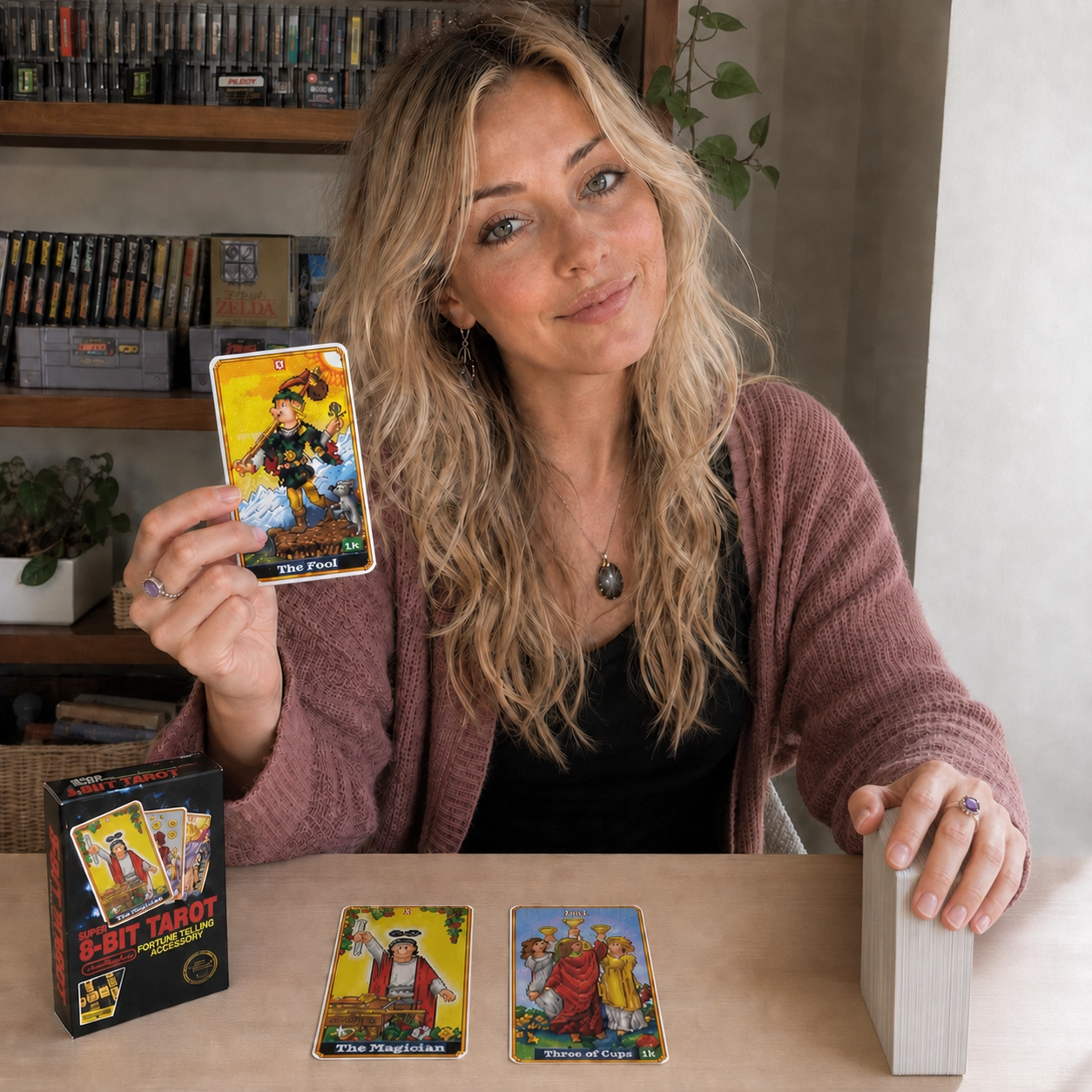Aurica holding The Fool from SUPER 8-Bit Tarot beside its box, a face-up spread, and the stacked remainder deck