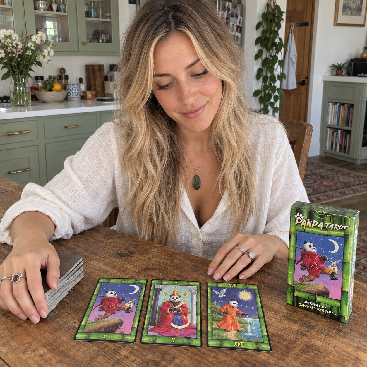 Aurica arranging The Fool, The High Priestess, and The Star from Panda Tarot beside the deck box and stacked cards