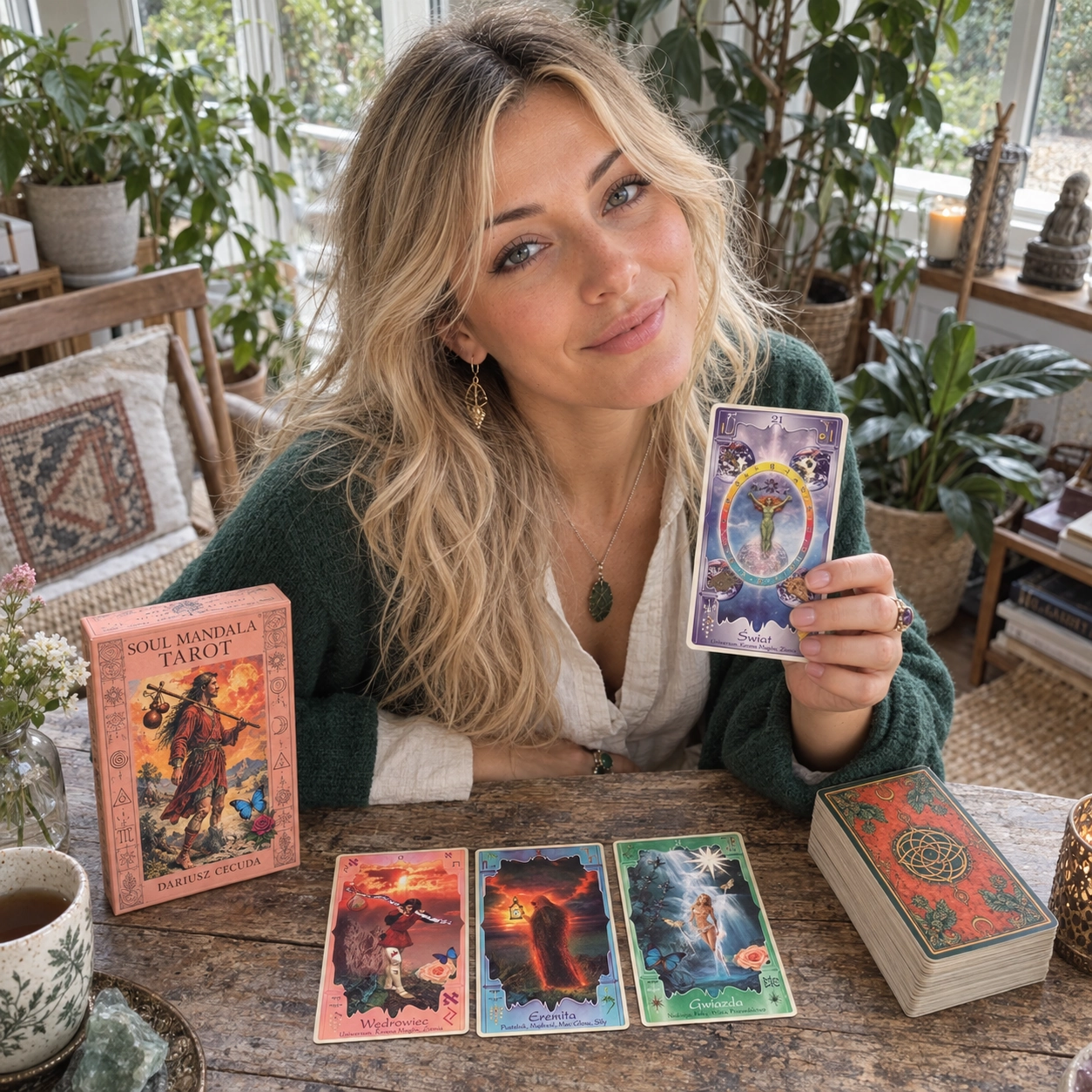 Aurica smiling and reading with Soul Mandala Tarot beside the exact deck box, three face-up cards and orange mandala-backed stack