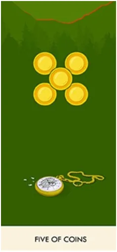 5 of Coins - A Wicked Pack of Cards Tarot - Tarot Deck by Ronald Decker, Thierry Depaulis and Michael Dummett