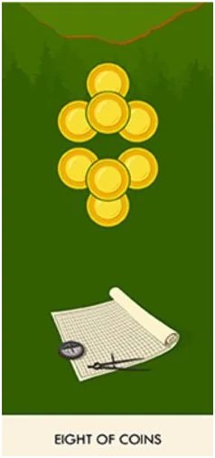 8 of Coins - A Wicked Pack of Cards Tarot - Tarot Deck by Ronald Decker, Thierry Depaulis and Michael Dummett