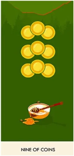 9 of Coins - A Wicked Pack of Cards Tarot - Tarot Deck by Ronald Decker, Thierry Depaulis and Michael Dummett