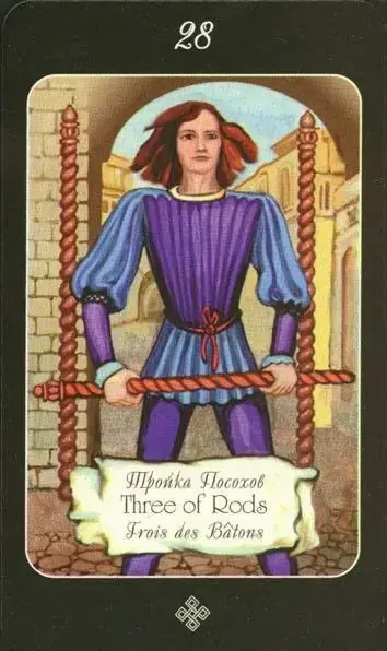3 of Rods card from the The Age of Aquarius Tarot deck