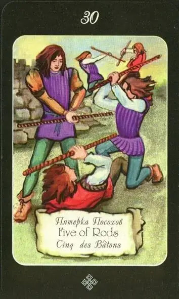 5 of Rods card from the The Age of Aquarius Tarot deck