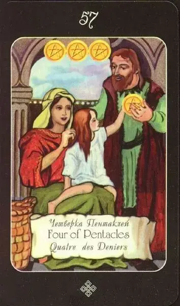 4 of Pentacles card from the The Age of Aquarius Tarot deck