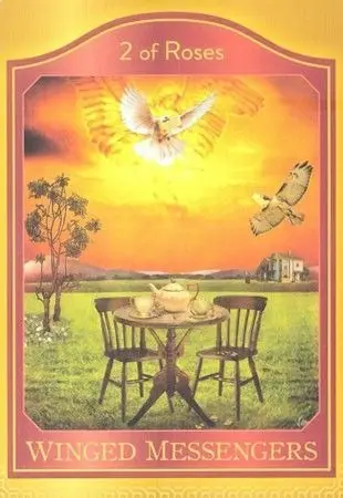 2 of Roses — Winged Messengers card from the Akashic Tarot deck