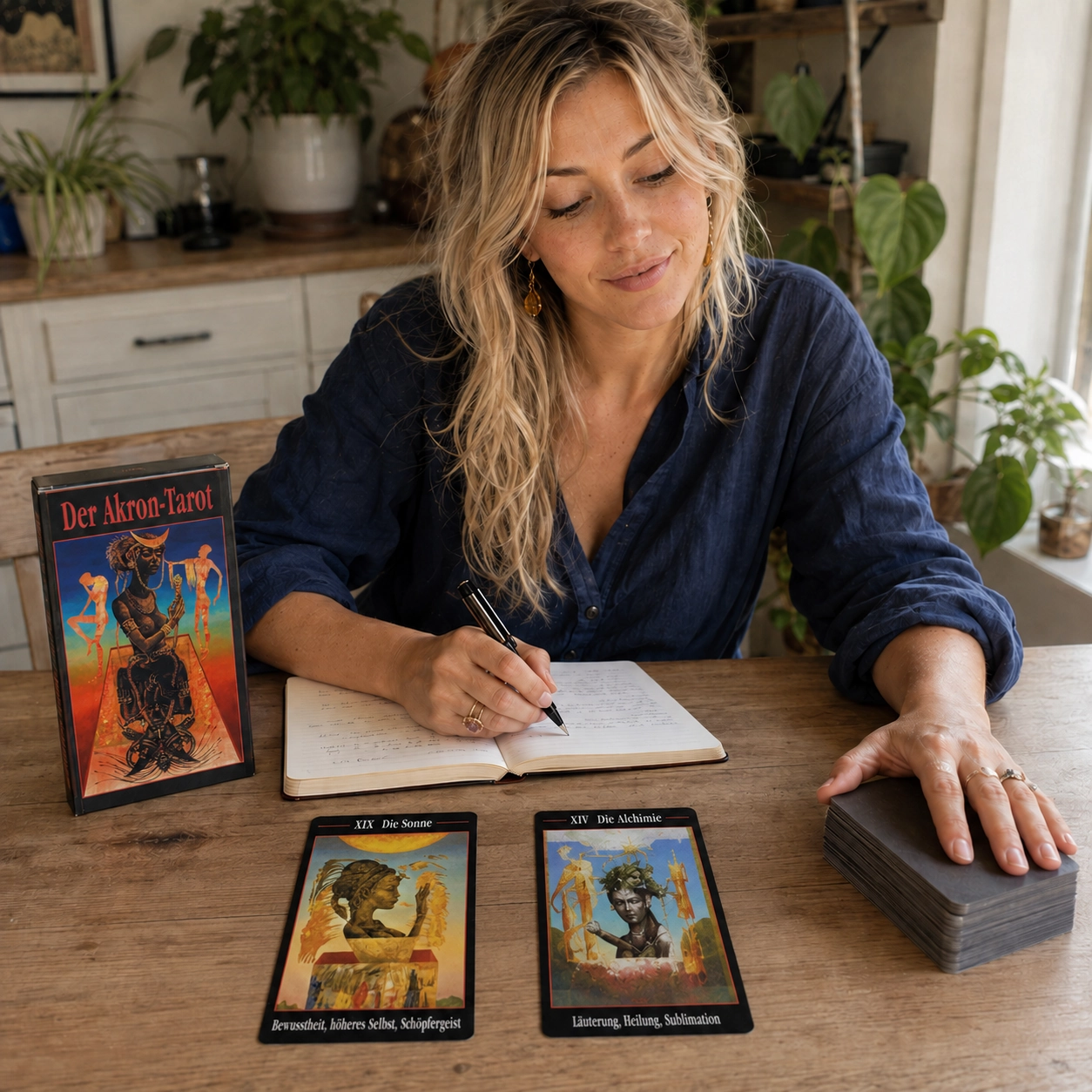 Akron Tarot with Aurica from Tarotfans.com Aurica journaling with Akron Tarot beside its box, two-card face-up spread, and stacked remainder deck