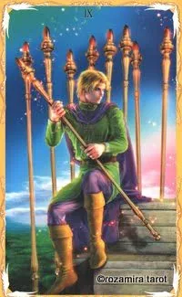 Alchemia Tarot Review 13 Nine of Wands card from Alchemia Tarot