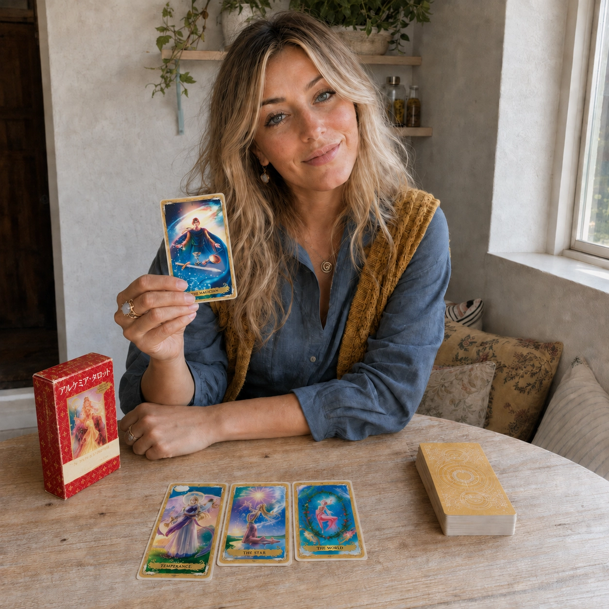 Aurica holding The Magician beside the Alchemia Tarot box, a three-card spread, and stacked deck