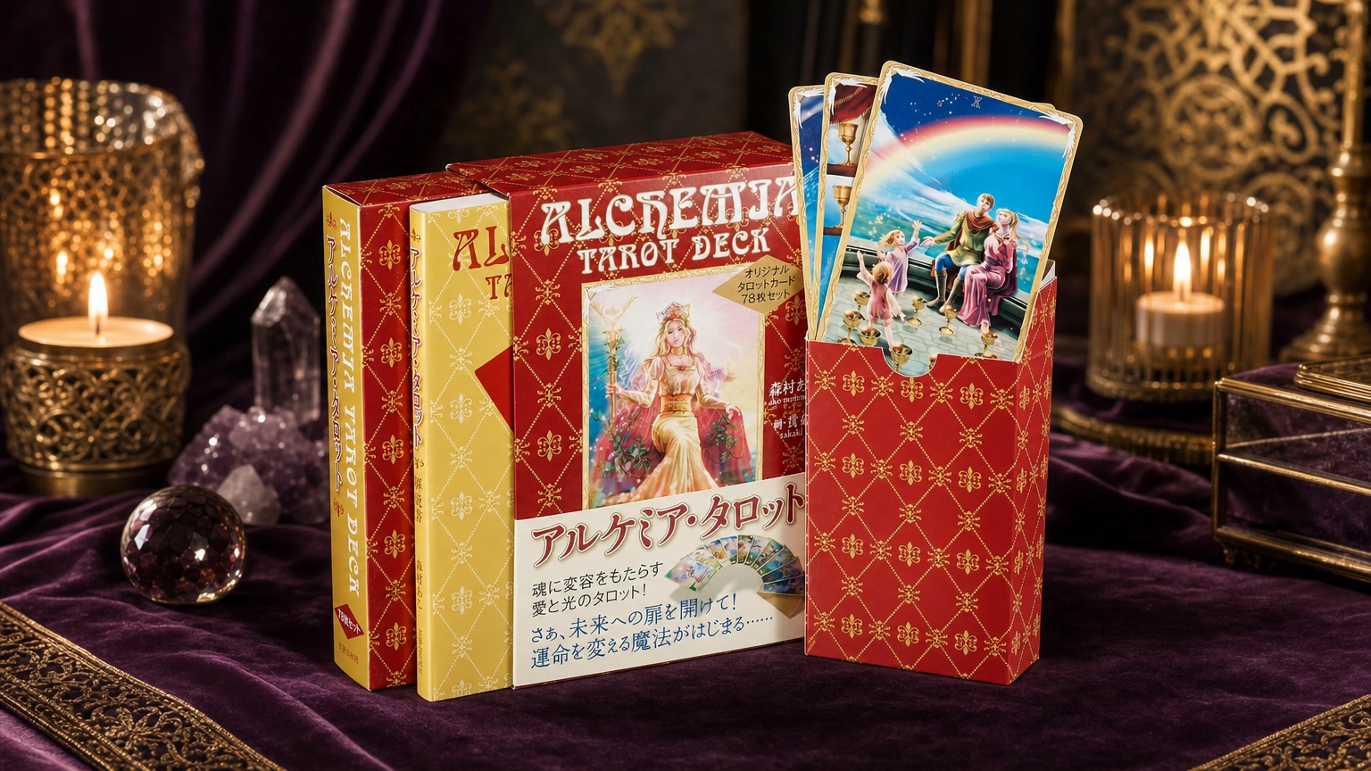 Alchemia Tarot product box and cards lifestyle image Alchemia Tarot product box and cards lifestyle image