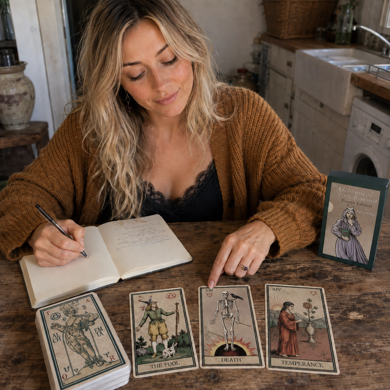 Aurica journaling beside The Alchemical Tarot Renewed Fourth Edition box, a face-up three-card spread, and the stacked remainder deck