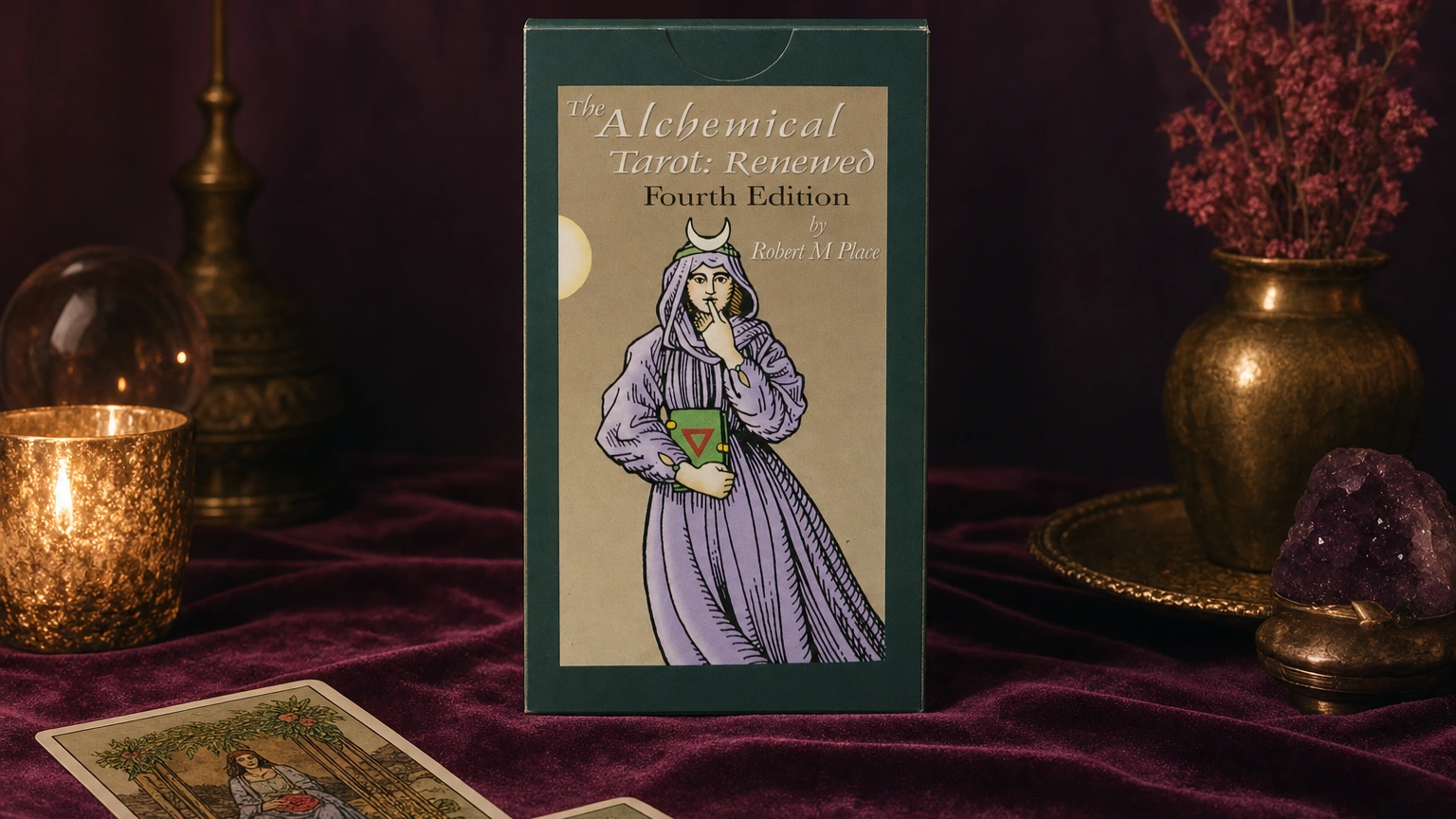 The Alchemical Tarot Deck by Robert M. Place in a generated candlelit reading-table scene