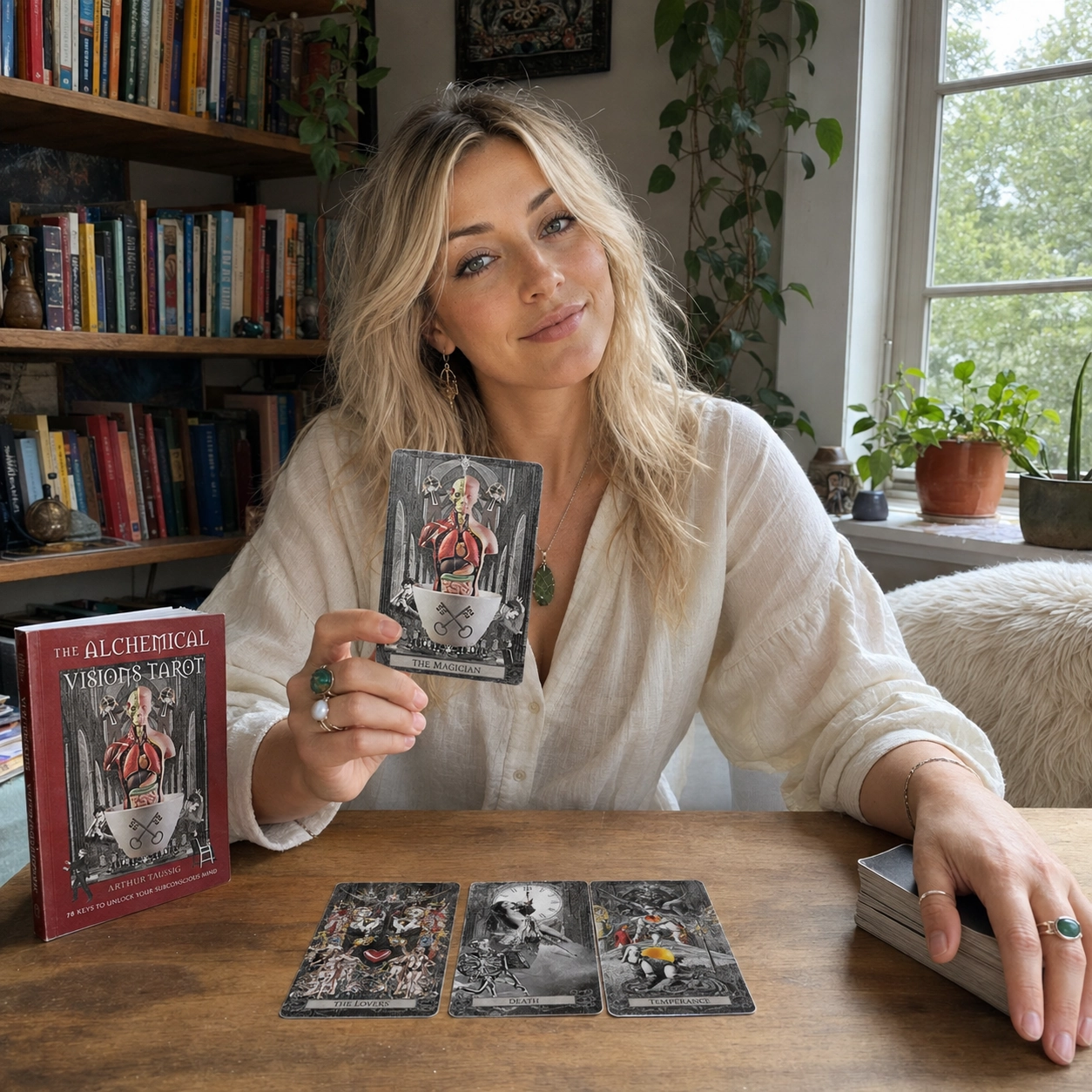 Aurica presenting The Magician while reading with the Alchemical Visions Tarot Deck by Arthur Taussig, with the box, a three-card spread, and a separate stacked deck