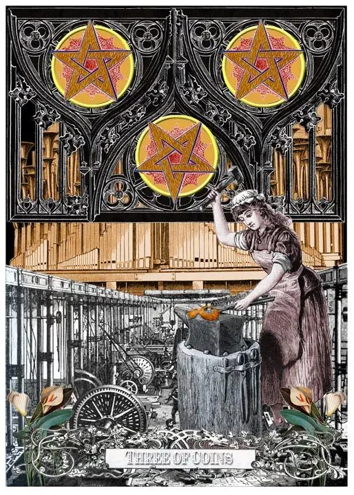3 of Coins card from the Alchemical Visions Tarot deck