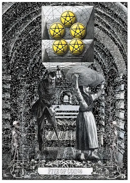 5 of Coins card from the Alchemical Visions Tarot deck