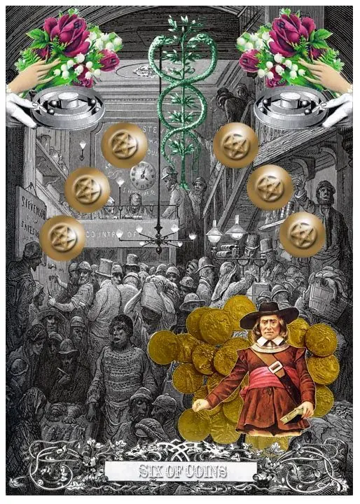 6 of Coins card from the Alchemical Visions Tarot deck