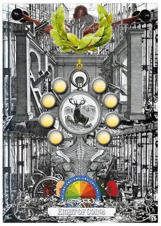 8 of Coins card from the Alchemical Visions Tarot deck