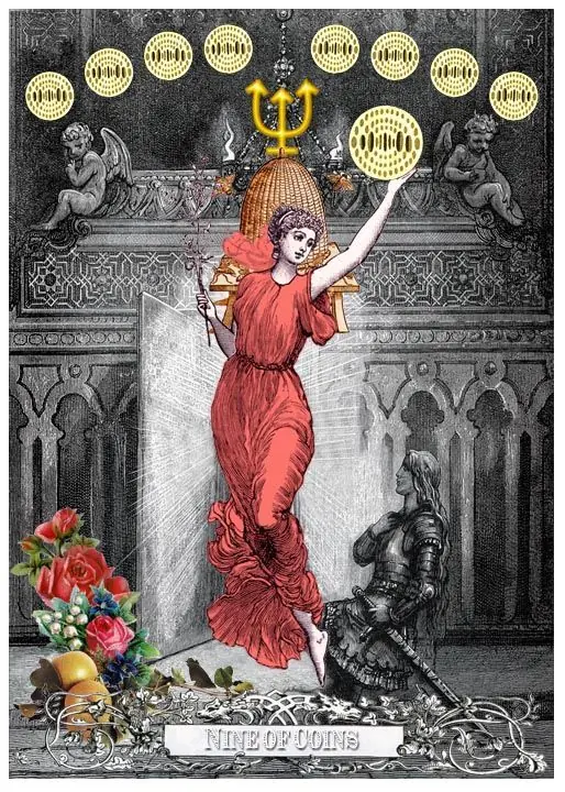 9 of Coins card from the Alchemical Visions Tarot deck