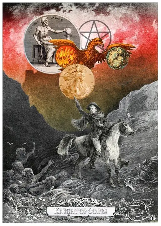Knight of Coins card from the Alchemical Visions Tarot deck