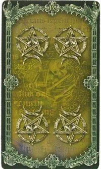 Four of Pentacles from the Alchemy 1977 England Tarot Deck