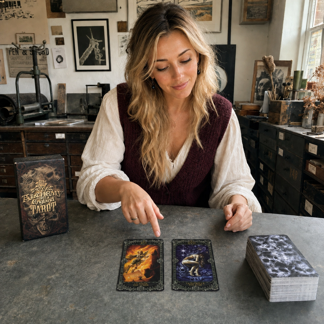 Aurica studying The Tower and The Star beside the Alchemy 1977 England Tarot box and stacked deck