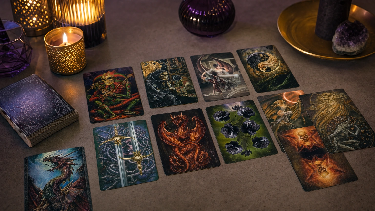Alchemy 1977 England Tarot table reading scene Alchemy 1977 England Tarot cards in a modern gothic table reading scene