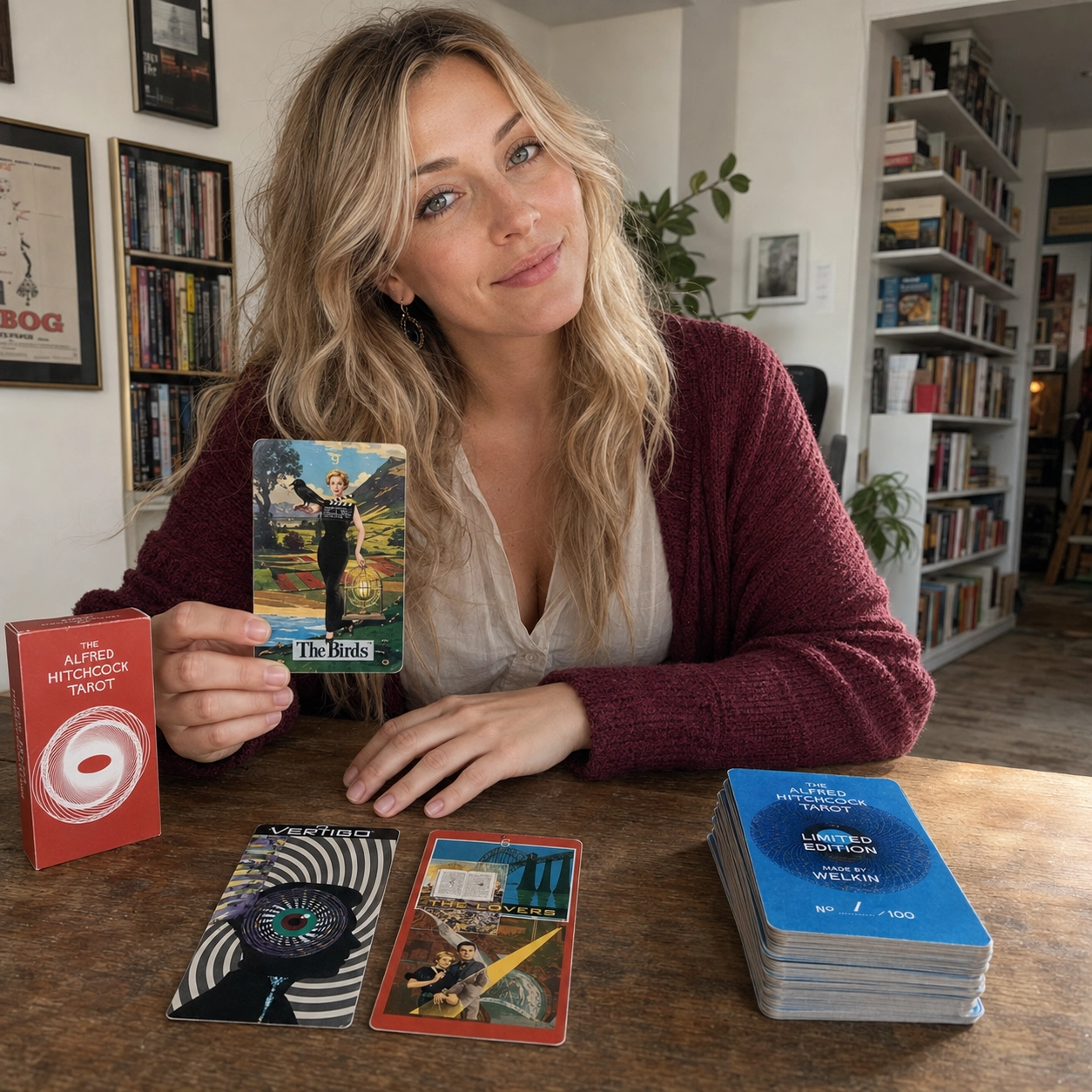 Aurica holding The Birds card from Alfred Hitchcock Tarot beside the red deck box, a two-card spread, and the stacked deck