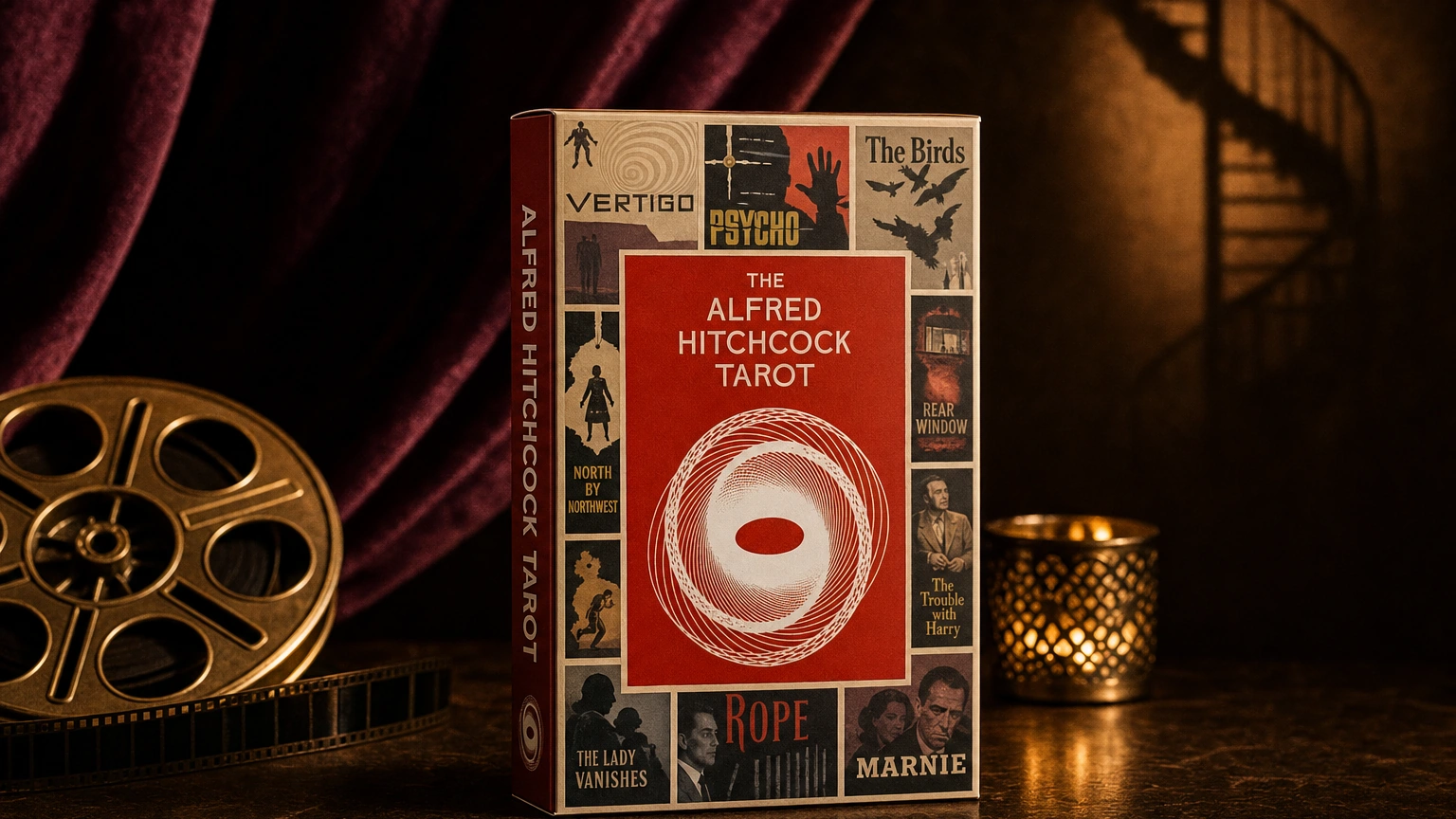 Alfred Hitchcock Tarot product box lifestyle image Alfred Hitchcock Tarot product box in a film-noir plum and gold lifestyle scene