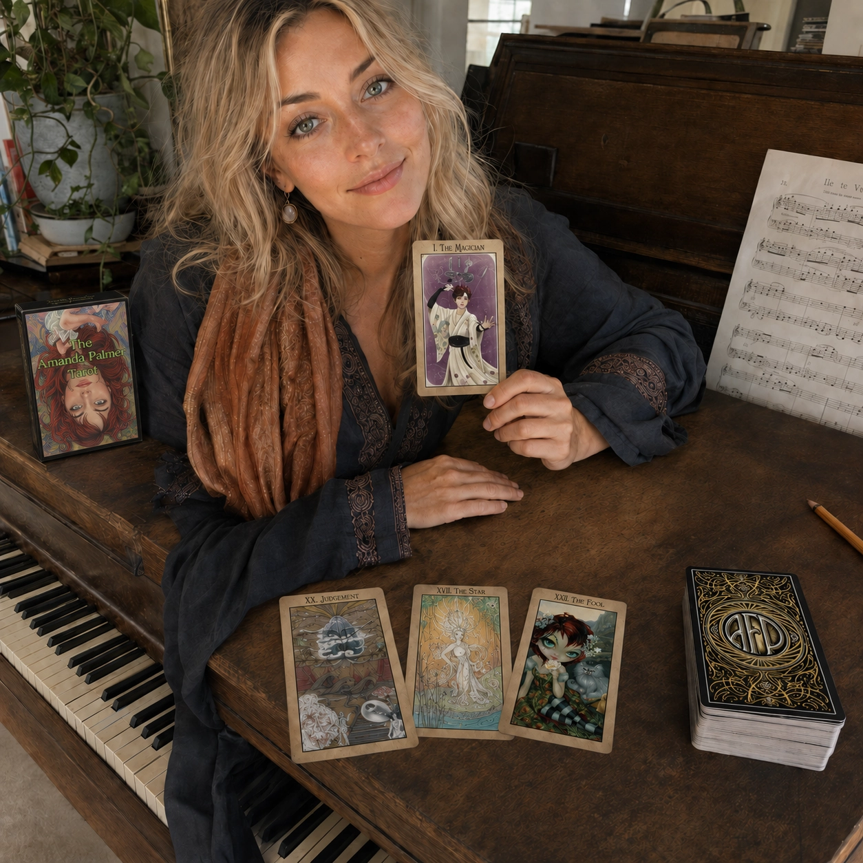 Aurica presenting The Magician from the Amanda Palmer Tarot beside its box, three-card spread, and stacked deck
