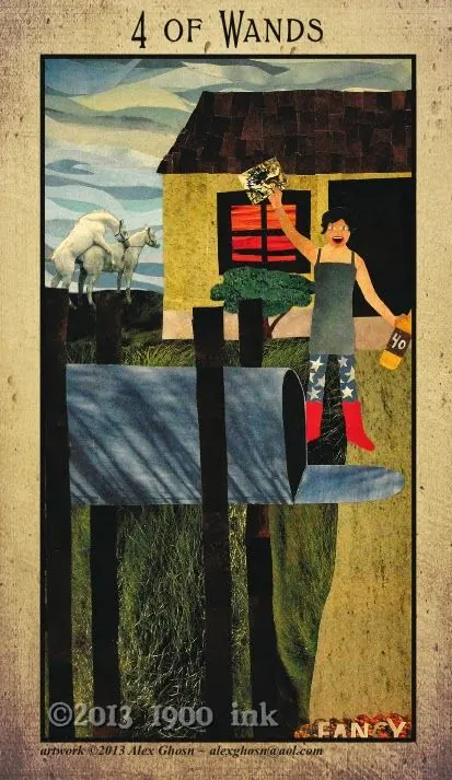 4 of Wands card from the Amanda Palmer Tarot deck