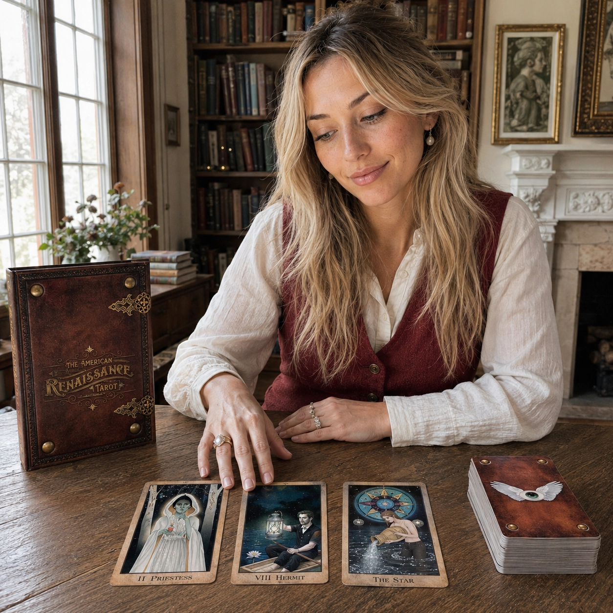 Aurica studying The Hermit beside the American Renaissance Tarot box, a three-card spread, and the stacked deck