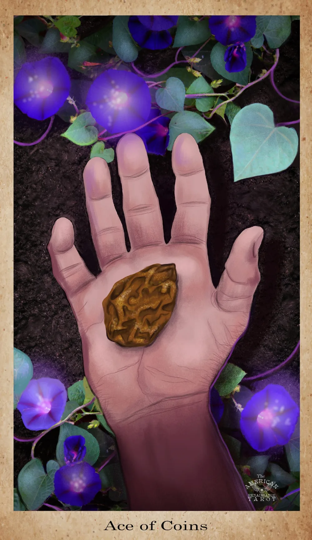 Ace of Coins card from the American Renaissance Tarot deck