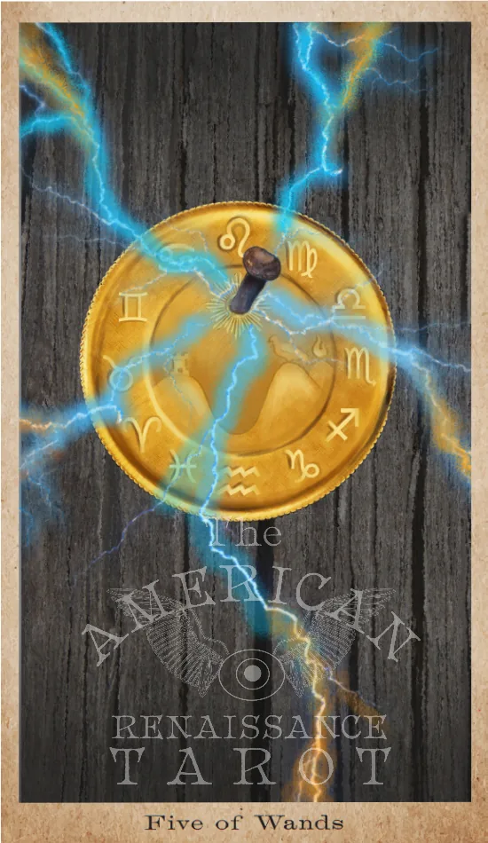 Five of Wands card from the American Renaissance Tarot deck