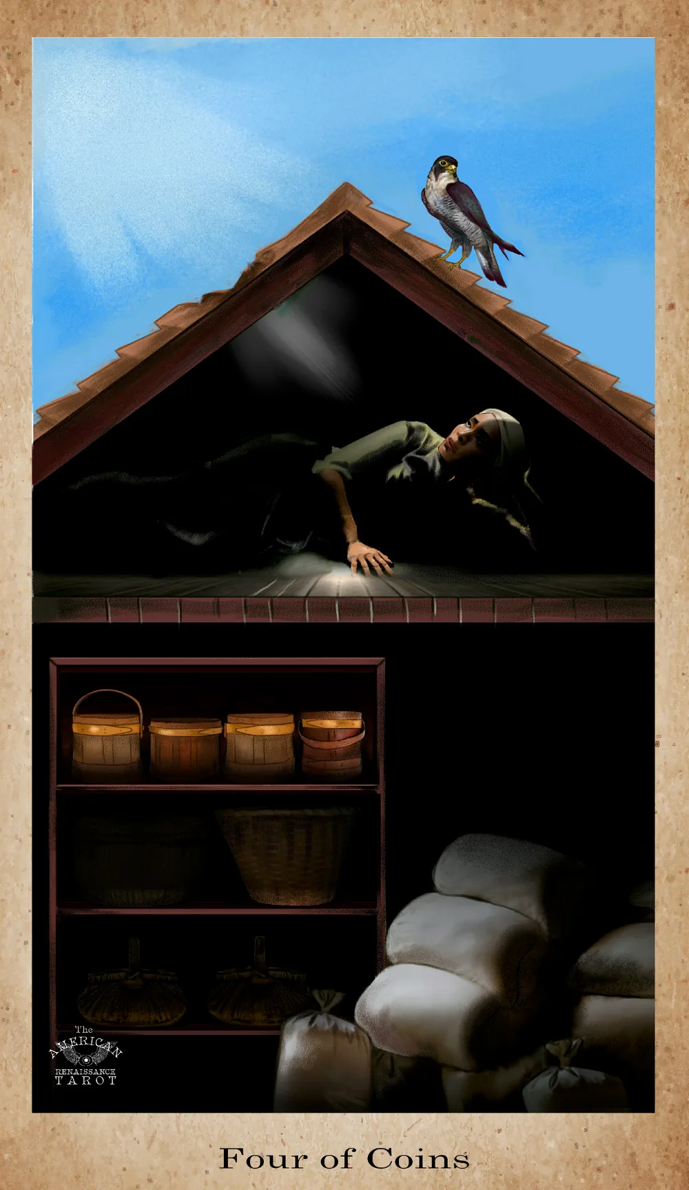 Four of Coins card from the American Renaissance Tarot deck
