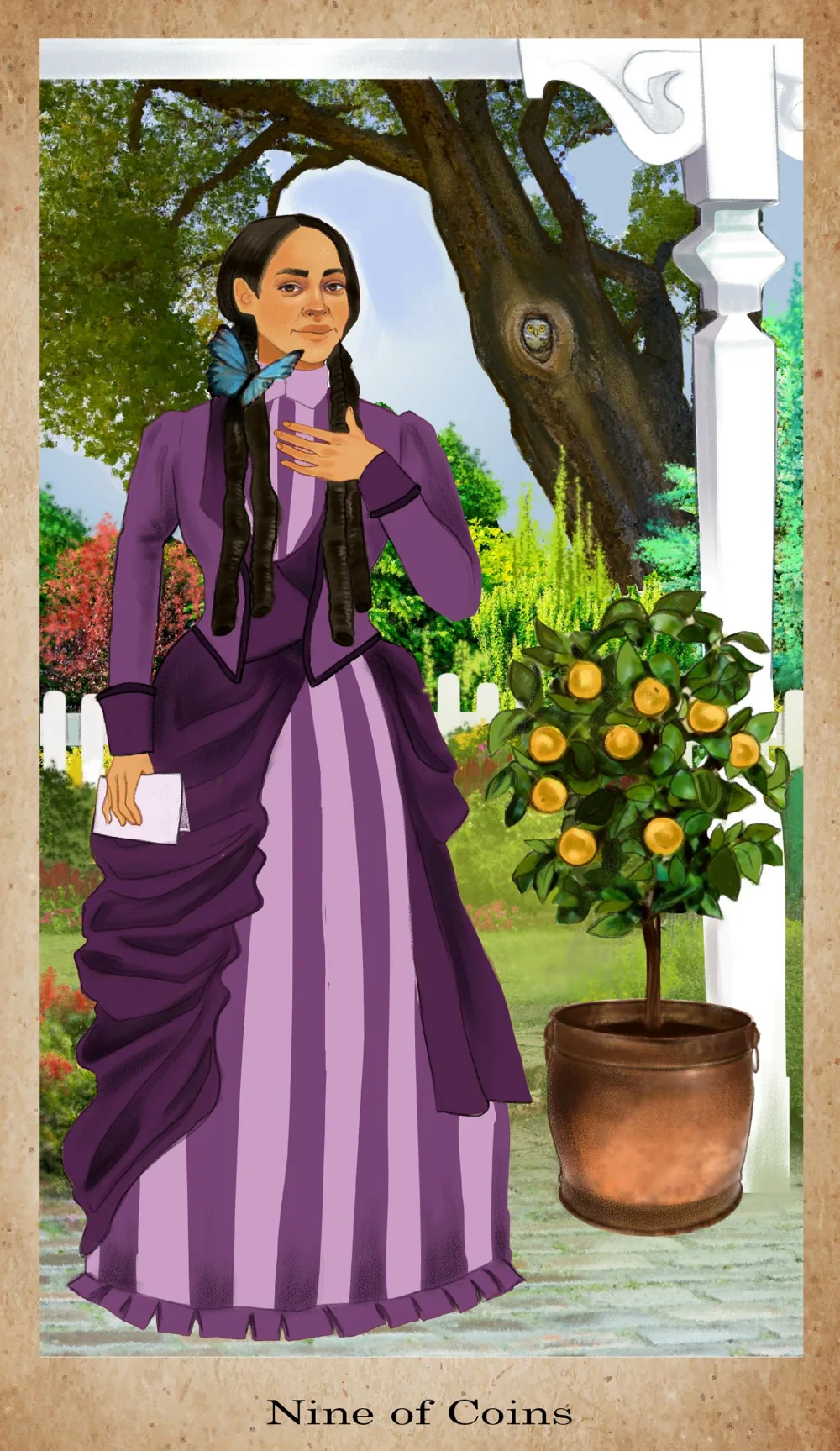 Nine of Coins card from the American Renaissance Tarot deck