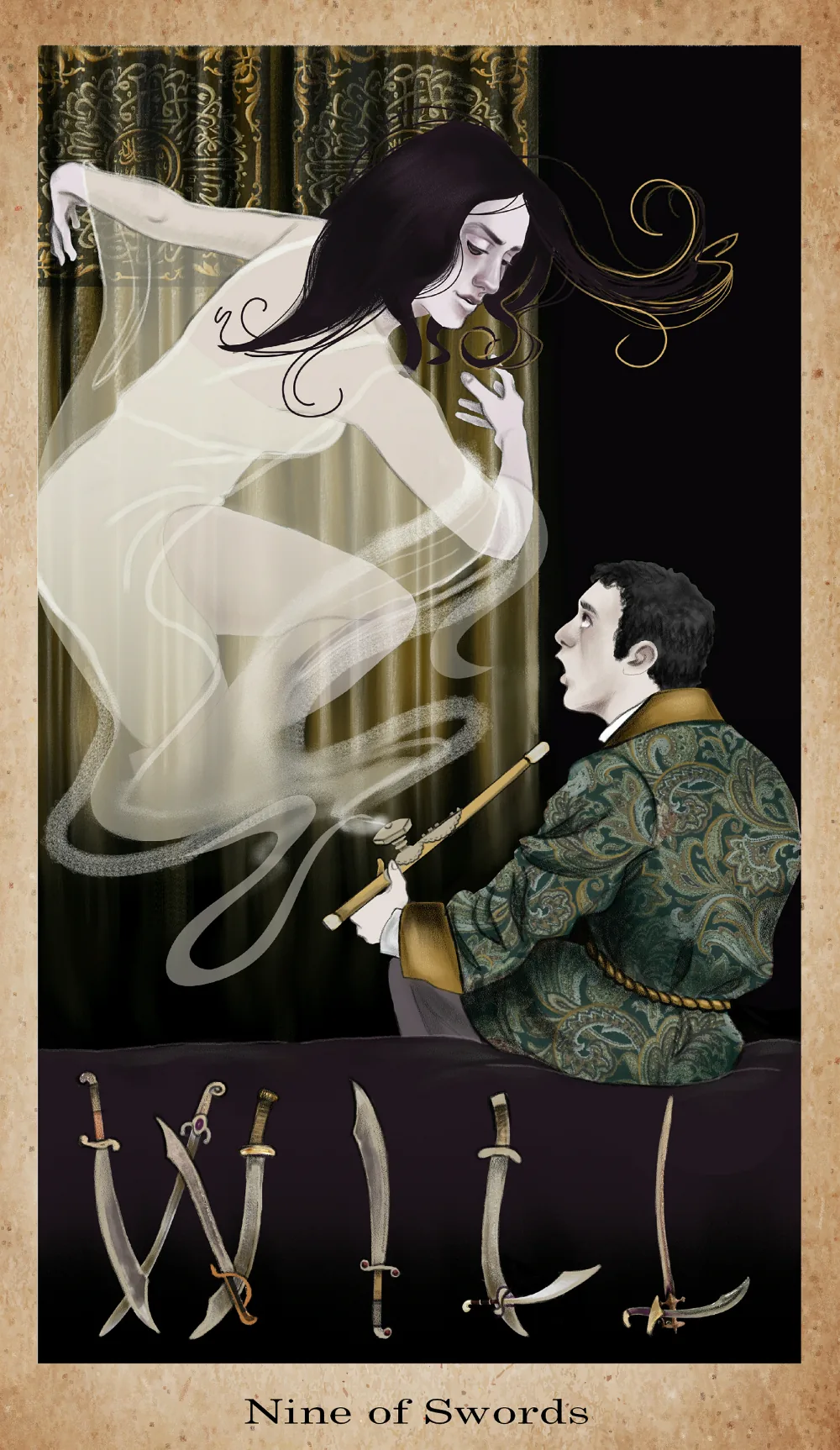 Nine of Swords card from the American Renaissance Tarot deck