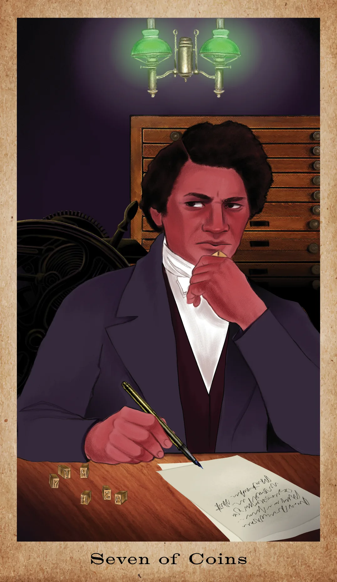 Seven of Coins card from the American Renaissance Tarot deck