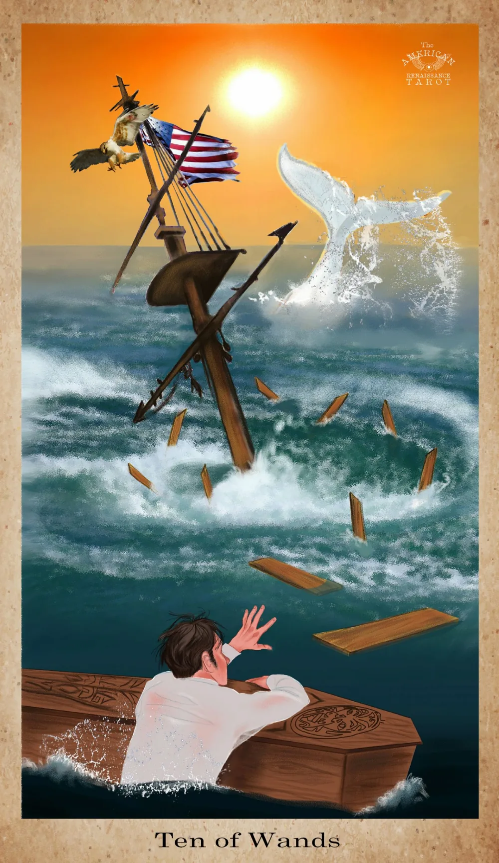 Ten of Wands card from the American Renaissance Tarot deck