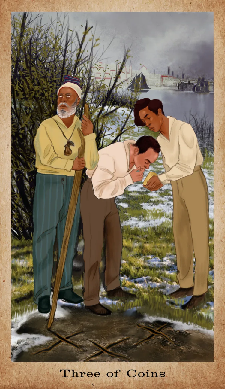 Three of Coins card from the American Renaissance Tarot deck