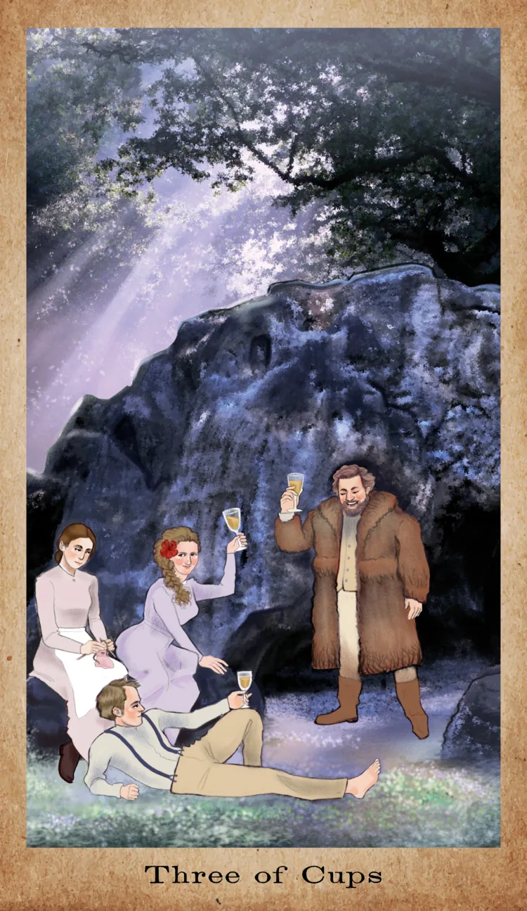Three of Cups card from the American Renaissance Tarot deck