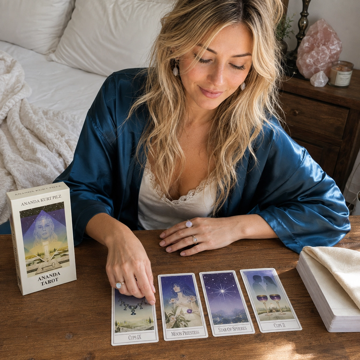 Aurica arranging the Ananda Tarot beside its box, a four-card spread, and the stacked deck